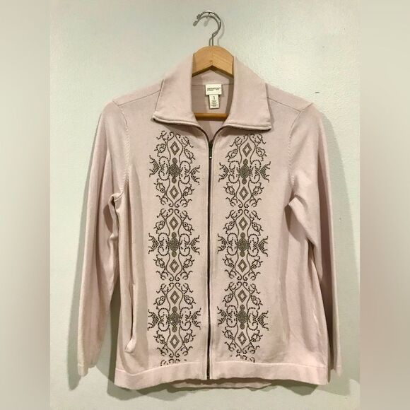 Zinergy by Chico’s Womens Sweater Zipper up Floral sequins Size 1 = M - Picture 1 of 7